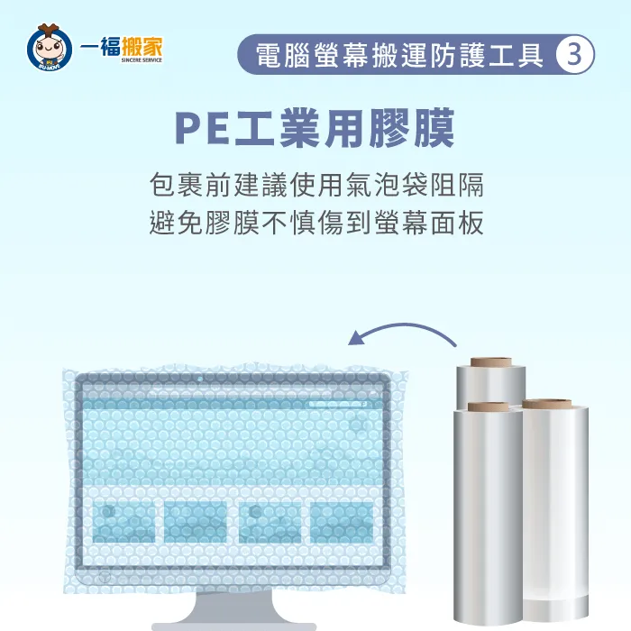 在包裹電腦螢幕前,可以於面板上隔上一層氣泡紙,避免膠膜沾黏螢幕。 PE膠膜包覆電腦螢幕-電腦螢幕搬運