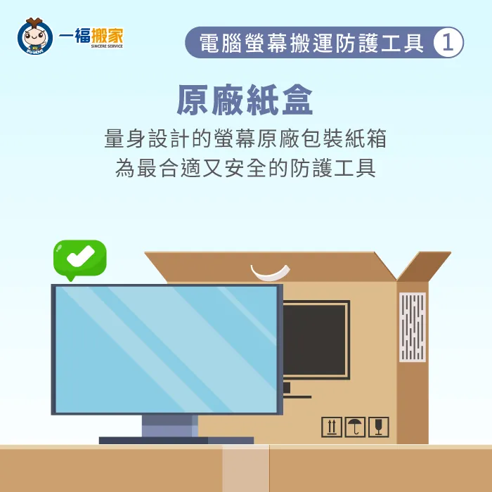 根據液晶螢幕外觀量身訂製的原廠紙箱,為帶電腦搬家最合適的包裝防護工具! 原廠紙盒包裝電腦螢幕-電腦螢幕搬運