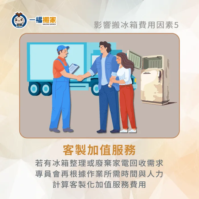 如遇冰箱整理、廢棄物清運等額外需求,搬家公司會視作業難易度提供報價! 客製化加值服務-搬冰箱上樓費用