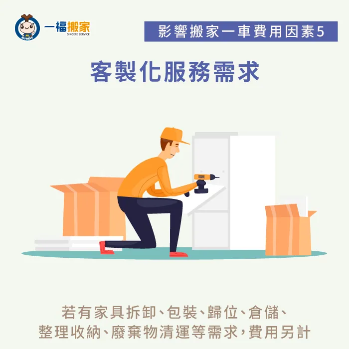 如遇裝箱整理、廢棄物清運、家具拆卸等額外需求,搬家公司會視作業難易度提供報價! 搬家客製化需求-搬家一車費用