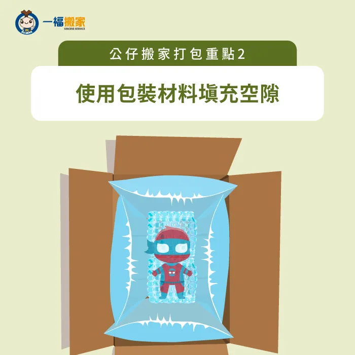 在模型盒的周圍用包裝材料填充空隙,提供緩衝 使用包裝材料填充空隙-公仔搬家